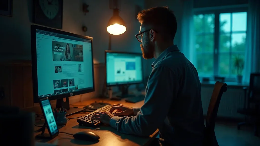 A front-end developer reviewing a storefront layout on a large monitor with a phone showing the same page