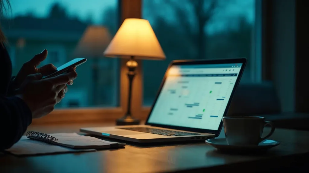 A retention marketer reviewing a campaign calendar beside a laptop and phone at a desk at dusk