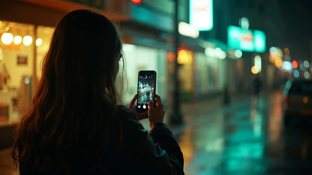 A young person filming a vertical video on a phone outdoors at night under neon signs