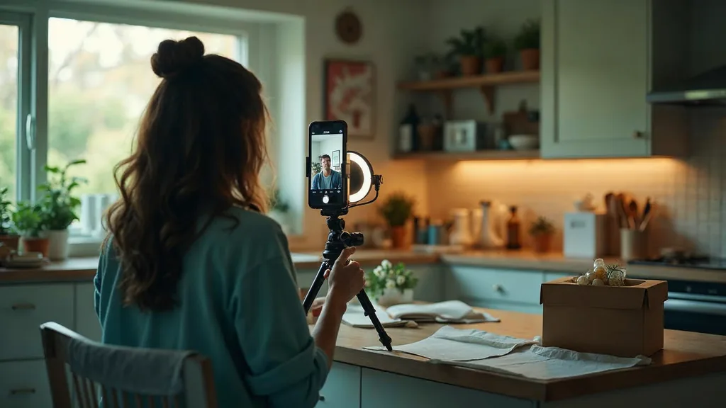A creator filming themselves on a phone on a tripod in a home kitchen surrounded by product packaging