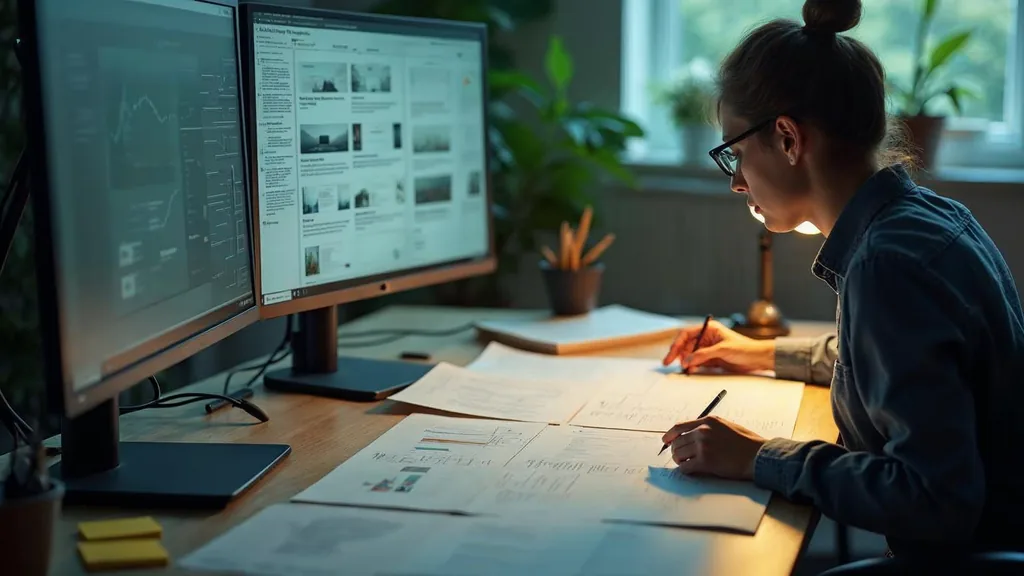 A designer arranging printed wireframe sheets beside a monitor showing an interface layout in morning light