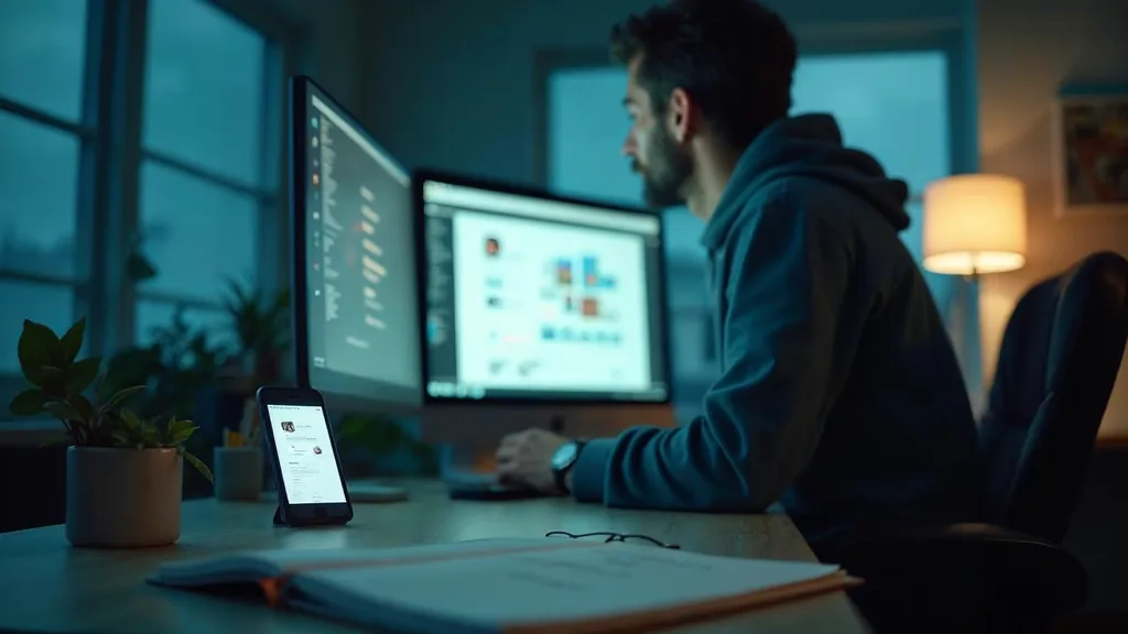A developer reviewing a website layout on a large monitor with a phone showing the same page in evening light