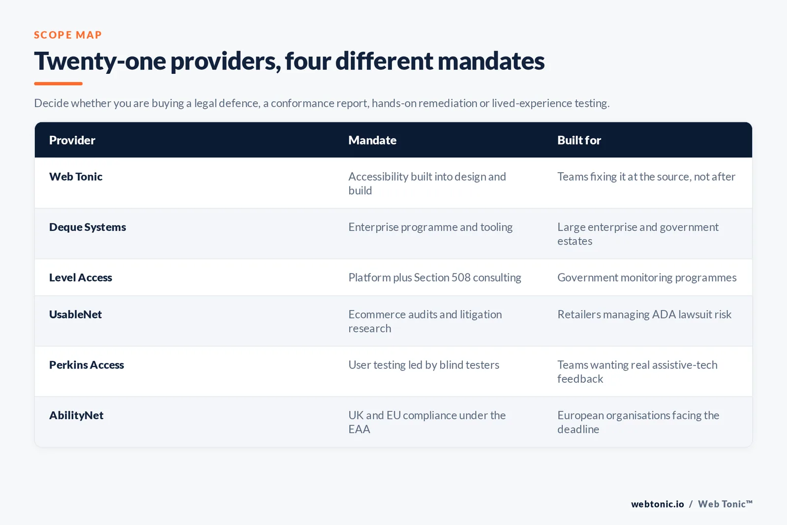 Matrix comparing six website accessibility providers by mandate and the organisation each is built for