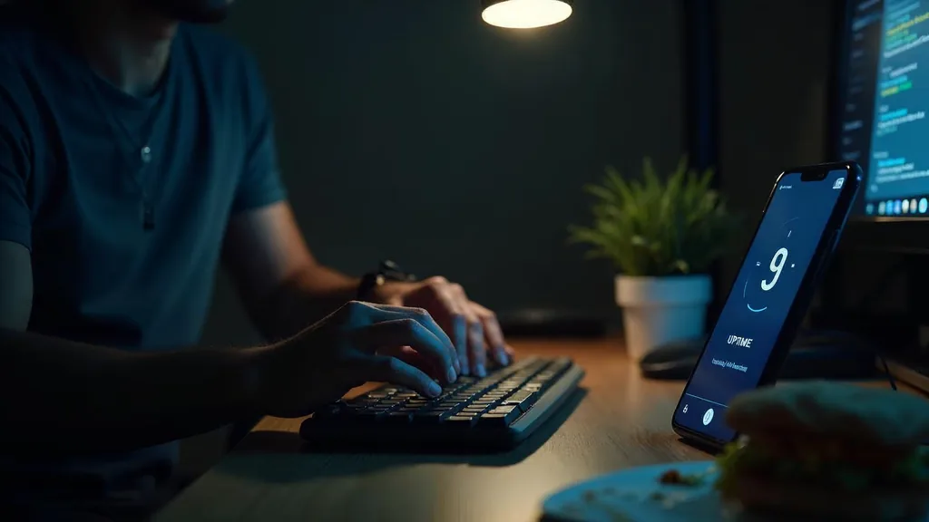 A web developer applying site updates late at night in a home office lit by a single desk lamp