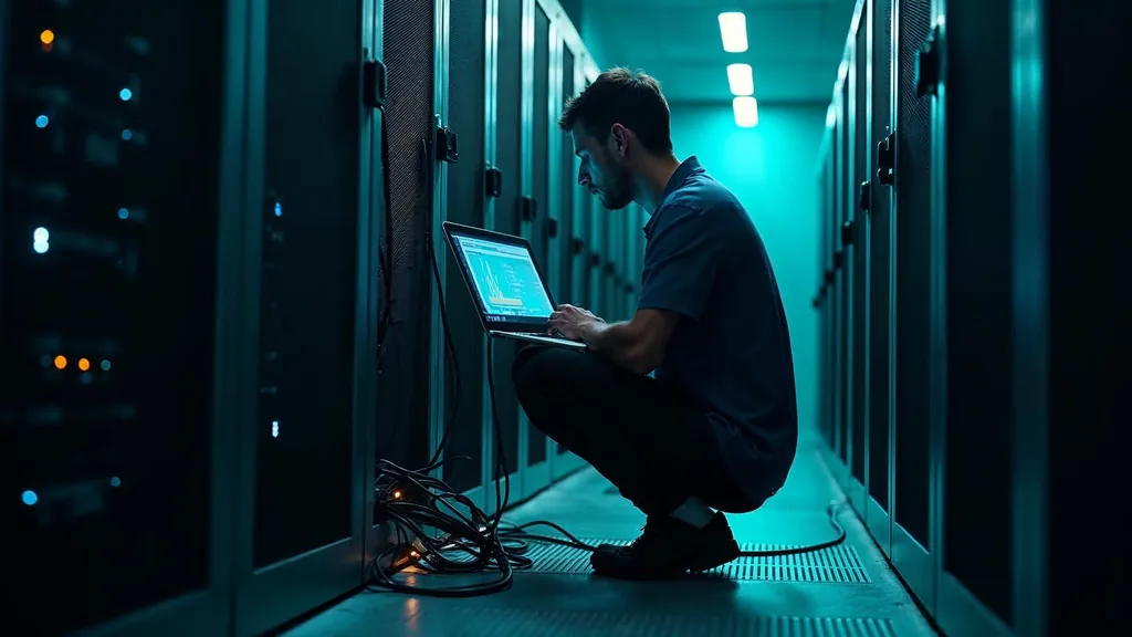 A performance engineer reading a waterfall trace on a laptop beside a server rack lit by indicator lights
