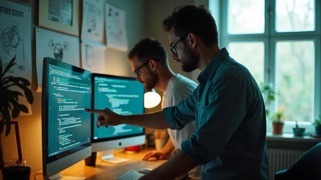 Two developers reviewing code on a vertical monitor at a standing desk beside pinned component sketches