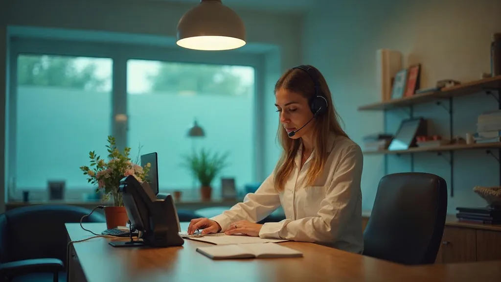A dental practice receptionist wearing a headset beside an open appointment book at the end of the day