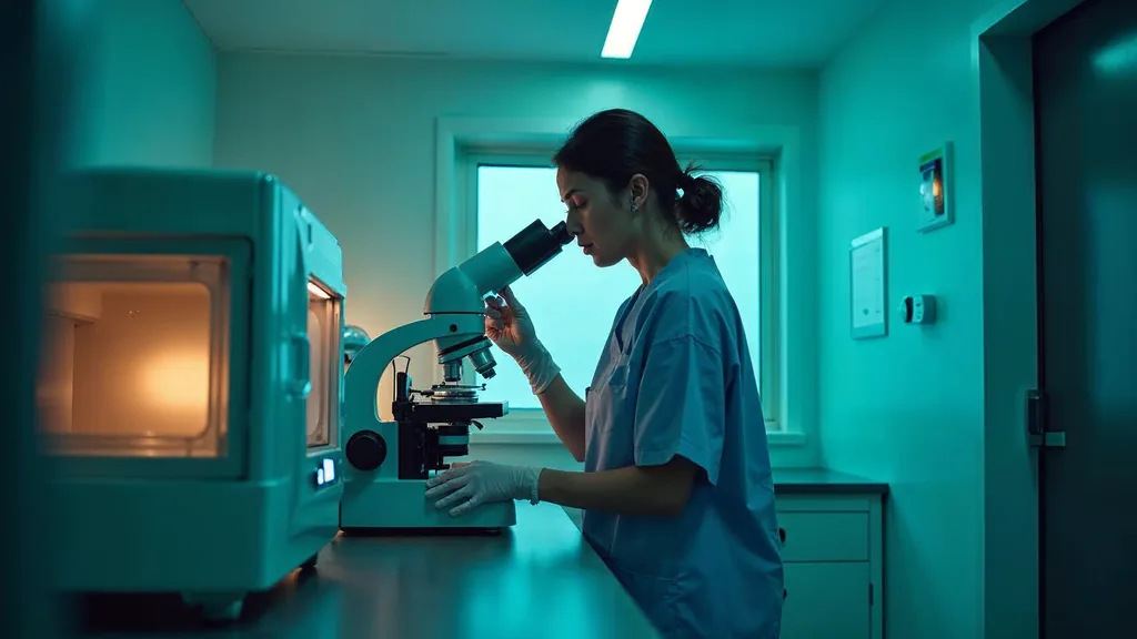 An embryologist in scrubs adjusting a microscope beside an incubator in a quiet fertility laboratory