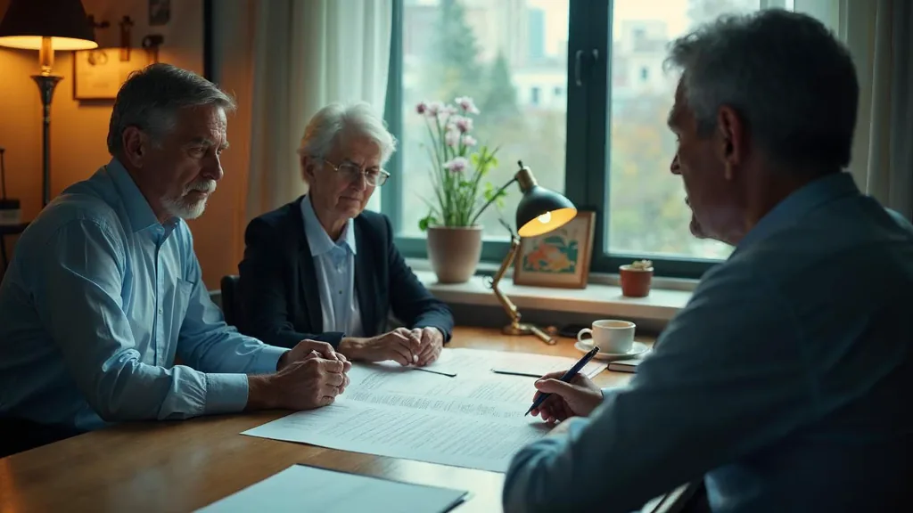 A financial adviser reviewing a printed planning document with an older couple in a small private office