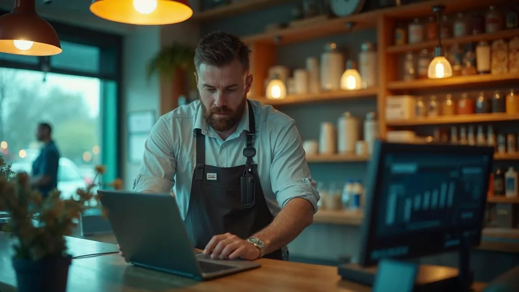 A franchise owner in an apron unlocking a small retail counter at opening time beside a laptop