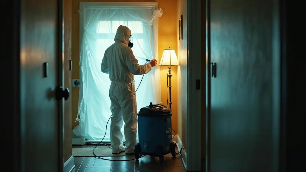 A remediation technician in a protective suit taping containment sheeting across a residential doorway beside a running air scrubber