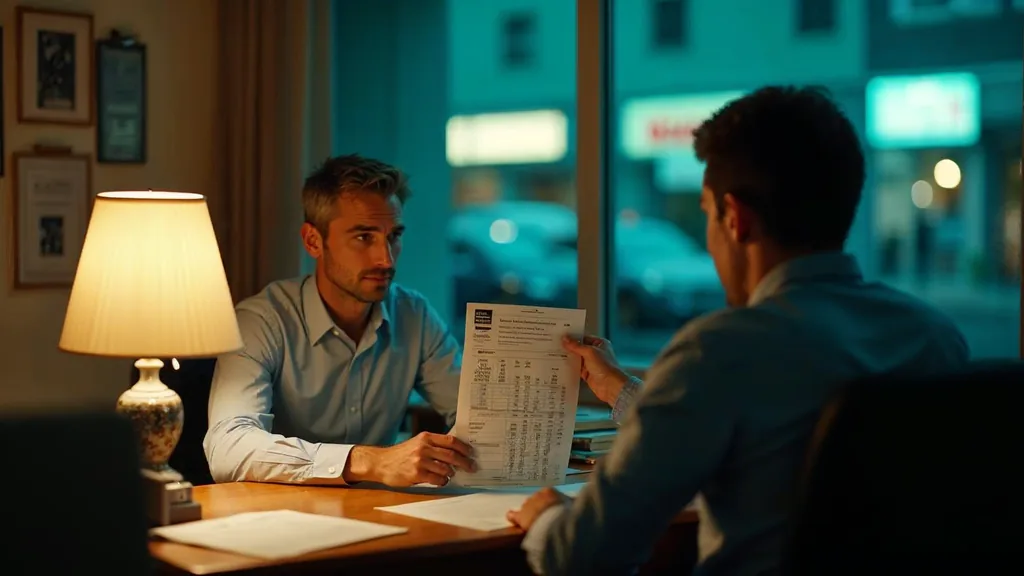 A mortgage broker sliding a printed rate sheet across a desk toward a young couple in a small storefront office