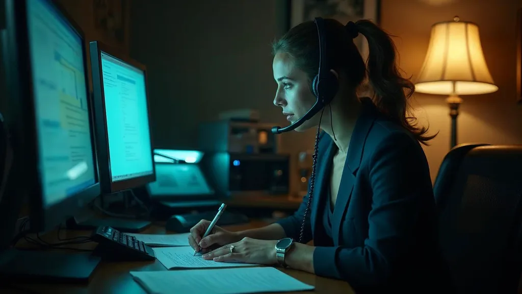 A paralegal on a headset writing on a case intake form at a law office intake desk at night