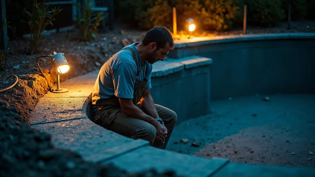 A pool builder kneeling at the edge of a freshly shotcreted inground pool shell at dusk under a site floodlight