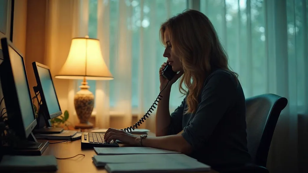 An admissions coordinator on a desk phone beside insurance verification paperwork in a treatment centre office at dawn
