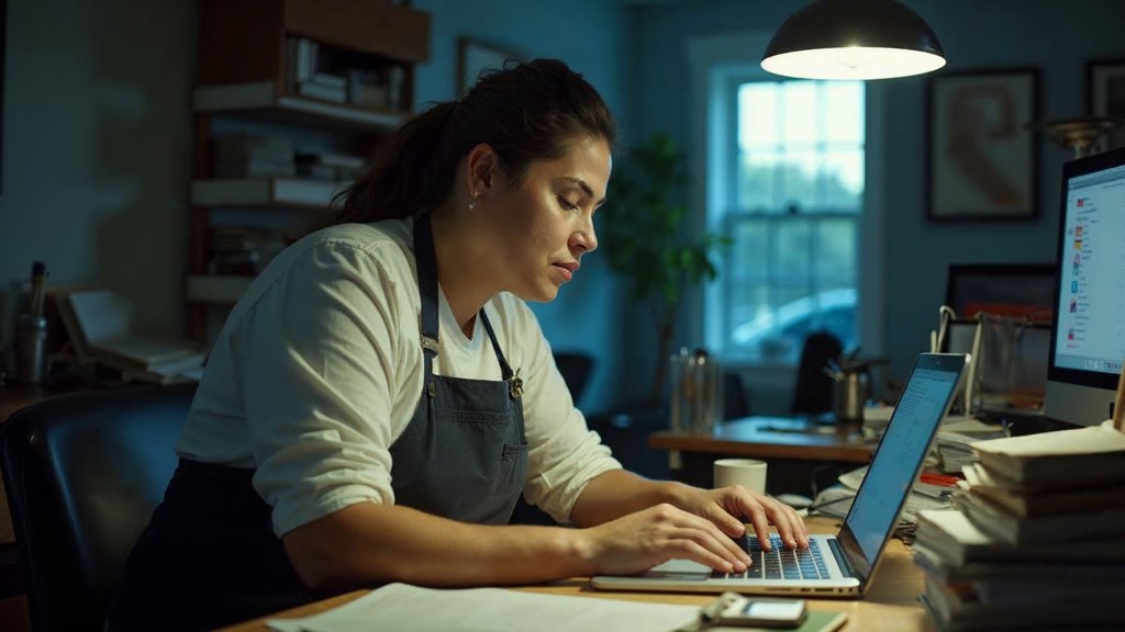 A small-business owner in an apron leaning over a laptop on a cluttered back-office desk late in the day, photographed in Oklahoma City