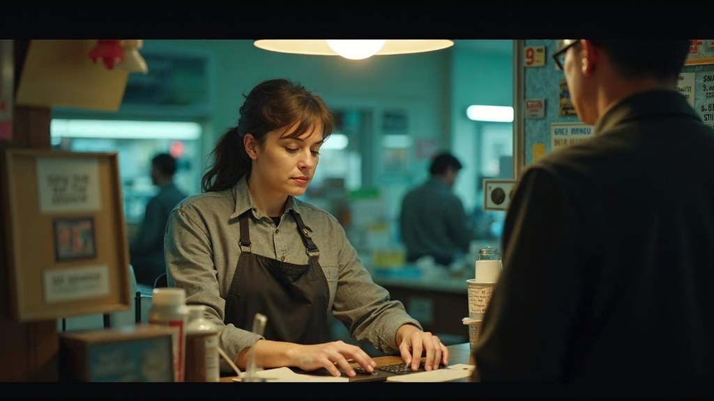A shop manager standing behind the counter checking a phone while a customer waits at the till, photographed in Oklahoma City
