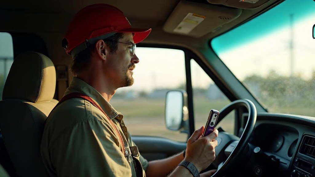 A contractor sitting in the cab of a work van reviewing a phone before driving off, photographed in Oklahoma City