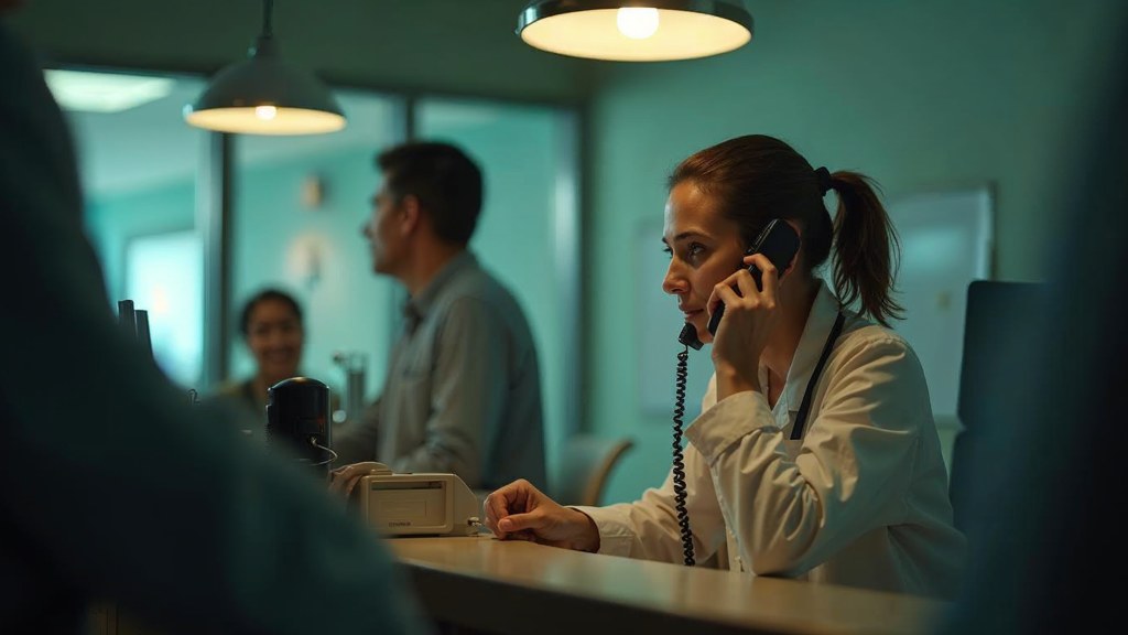 A clinic receptionist taking a phone call at a busy front desk with patients waiting, photographed in Oklahoma City