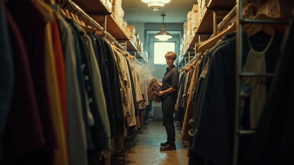 A boutique owner steaming garments in a narrow shop stockroom at opening time, photographed in Oklahoma City