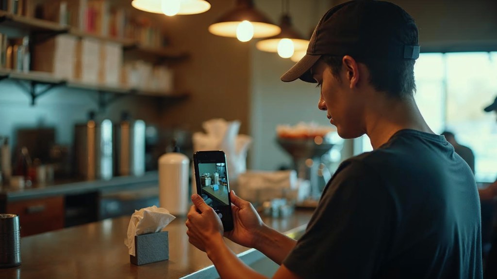 A young cafe worker filming a drink being poured on a phone propped against a napkin holder, photographed in Oklahoma City