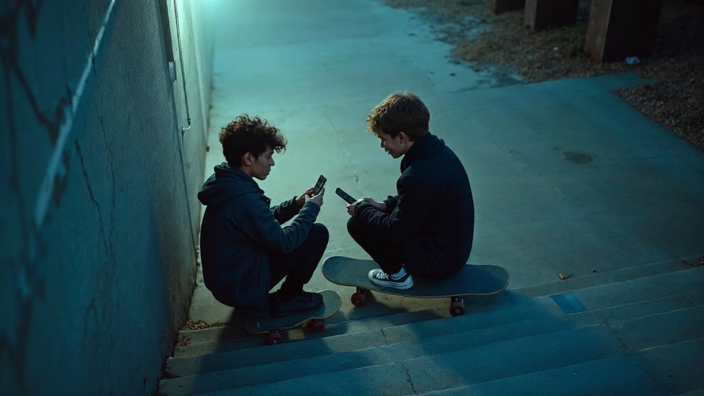 Two teenagers on skateboards looking at a phone on a set of concrete steps, photographed in Oklahoma City