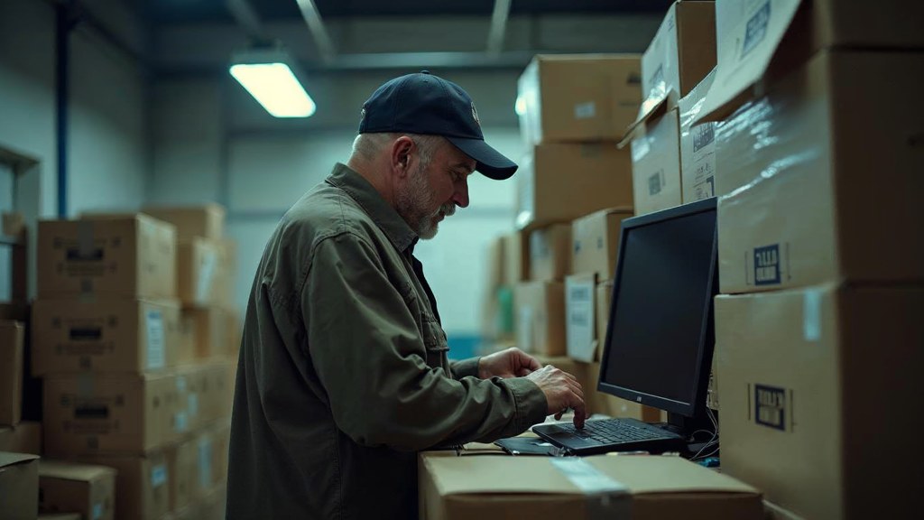 A seller checking barcodes on stacked cartons in a garage stockroom, photographed in Oklahoma City