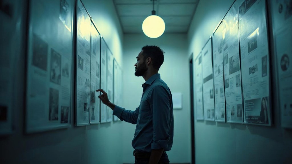 A media planner standing at a wall of printed layouts in a narrow agency corridor, photographed in Oklahoma City
