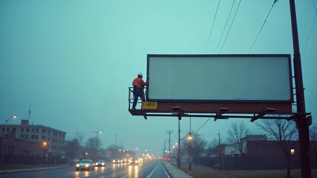 A crew member on a lift installing a blank billboard panel above a busy street, photographed in Oklahoma City