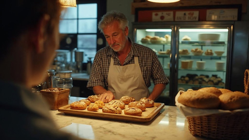 A bakery owner photographing a tray of pastries on a marble counter at dawn, photographed in Oklahoma City
