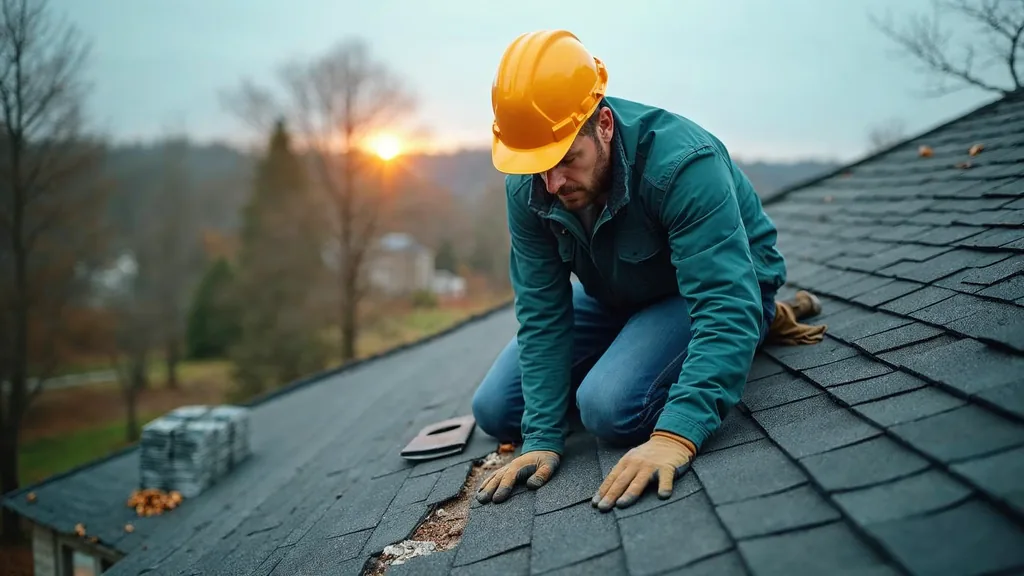 A roofing contractor in a hard hat kneeling on a steep shingle roof inspecting a damaged shingle course beside a bundle of shingles