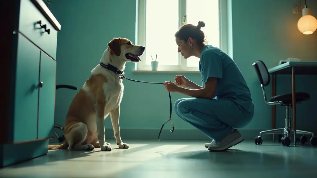 A veterinarian in scrubs crouching to greet a dog on a clinic examination room floor while the owner holds the leash