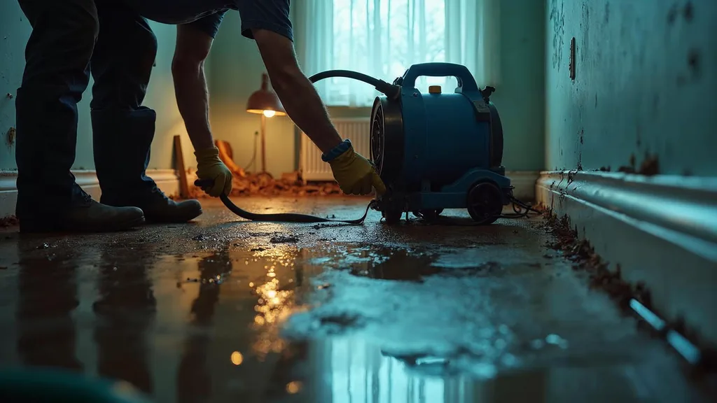 A restoration technician setting up a portable air mover on a soaked residential floor beside a baseboard removed for drying