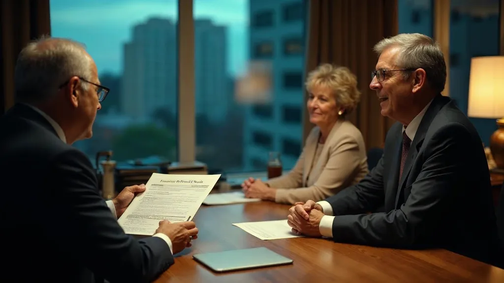 A financial adviser sliding a printed planning document across a walnut table toward an older couple in a private office at dusk