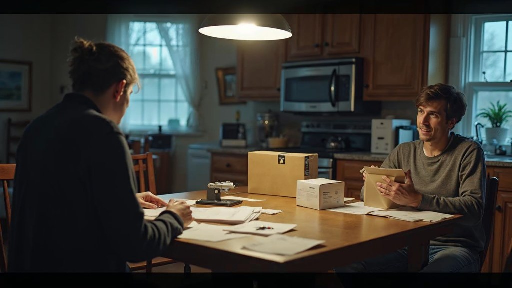 A customer filming an unboxing on a kitchen table strewn with packaging, photographed in Oklahoma City
