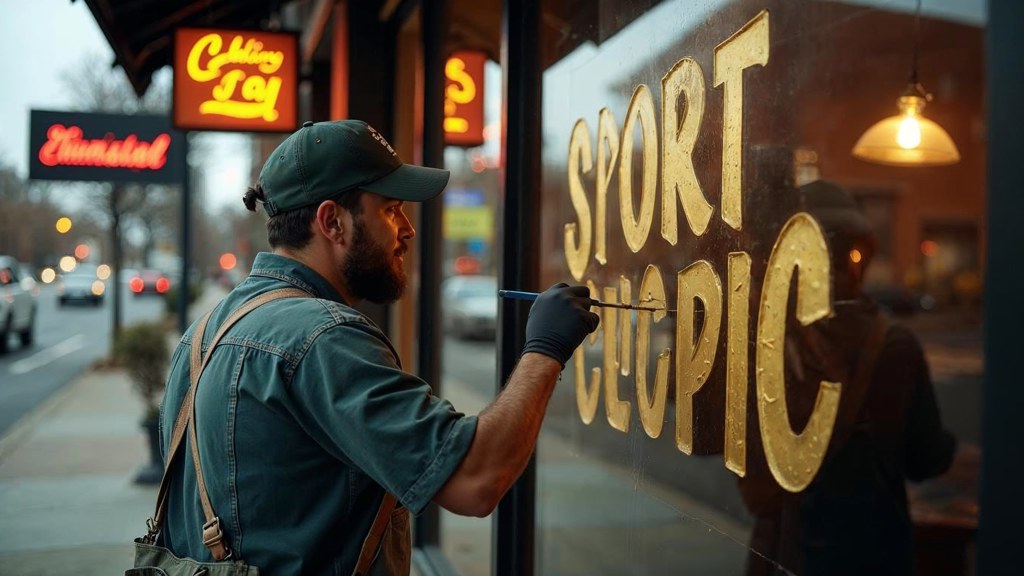 A sign painter finishing gold lettering on a shopfront window from the street side, photographed in Oklahoma City
