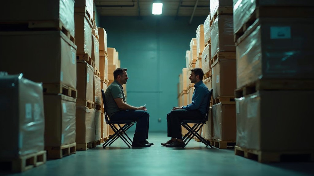 A warehouse supervisor interviewing a candidate on folding chairs beside stacked pallets, photographed in Oklahoma City