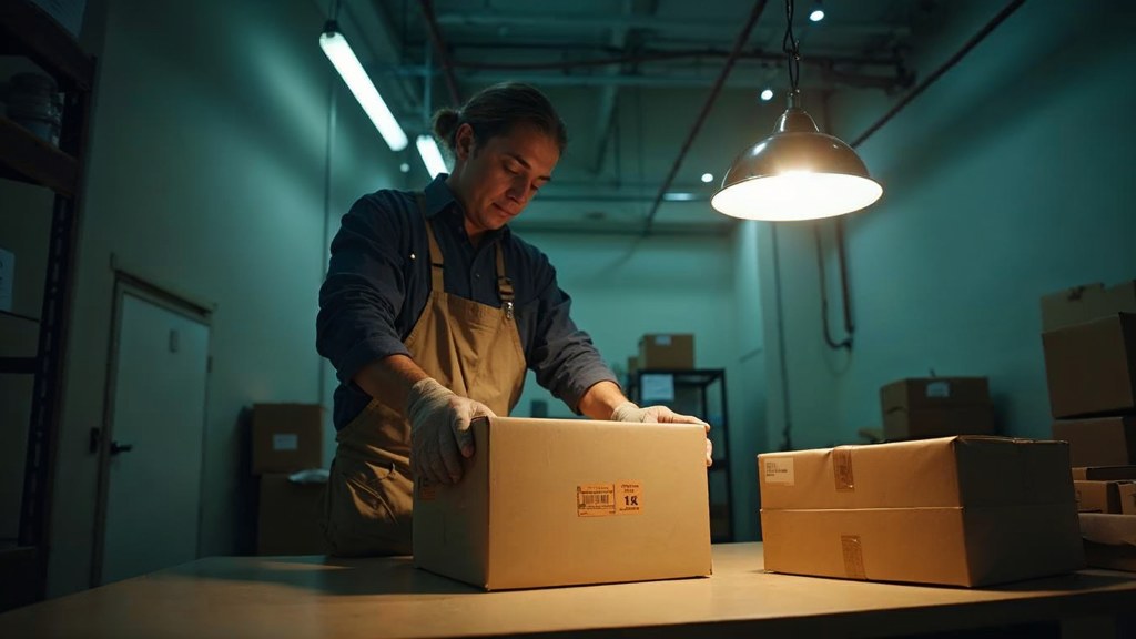 A warehouse worker taping shipping boxes under strip lighting in a small fulfilment room, photographed in Oklahoma City