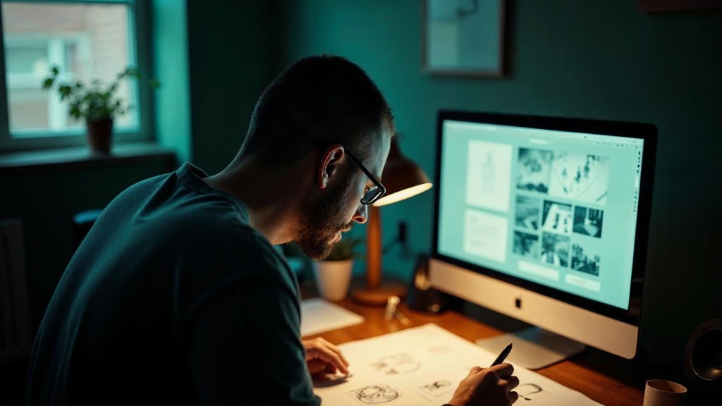 A studio designer sketching a page layout on paper beside a monitor in a dim room, photographed in Oklahoma City