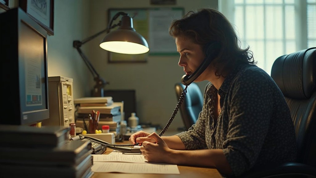 An office manager at a cluttered desk with a landline handset tucked under one ear, photographed in Oklahoma City