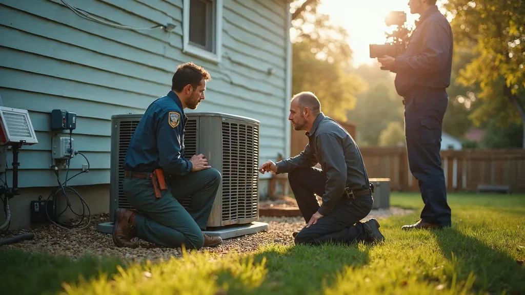 A small video crew filming an HVAC technician in uniform kneeling beside a residential condenser unit on a gravel pad
