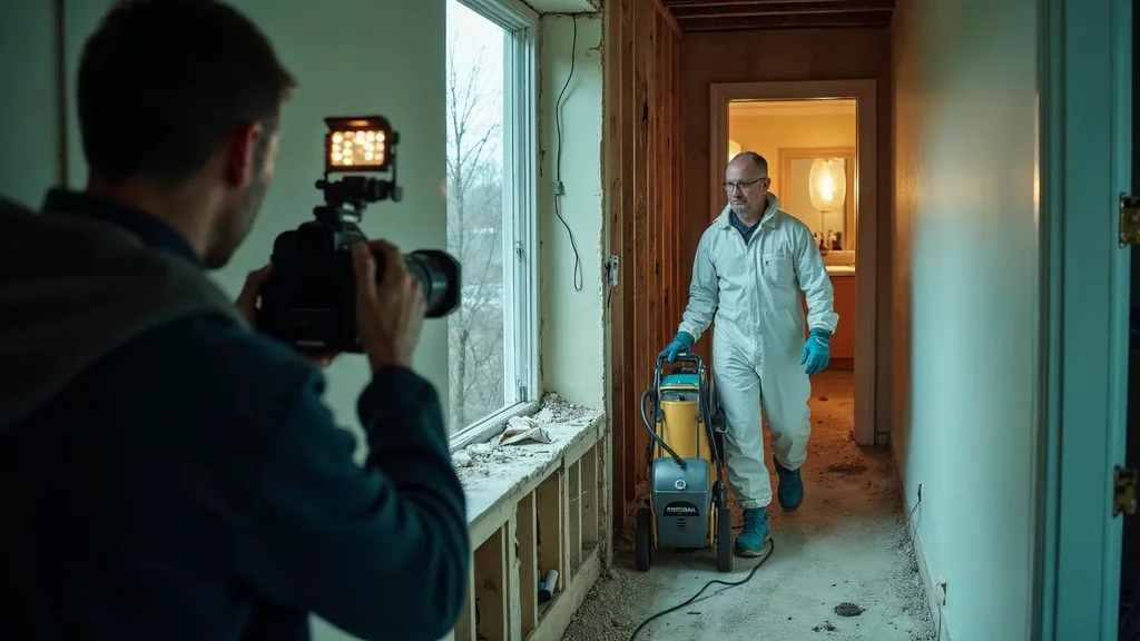 A small video crew filming a restoration technician in a white coverall carrying a portable air mover through a gutted residential hallway