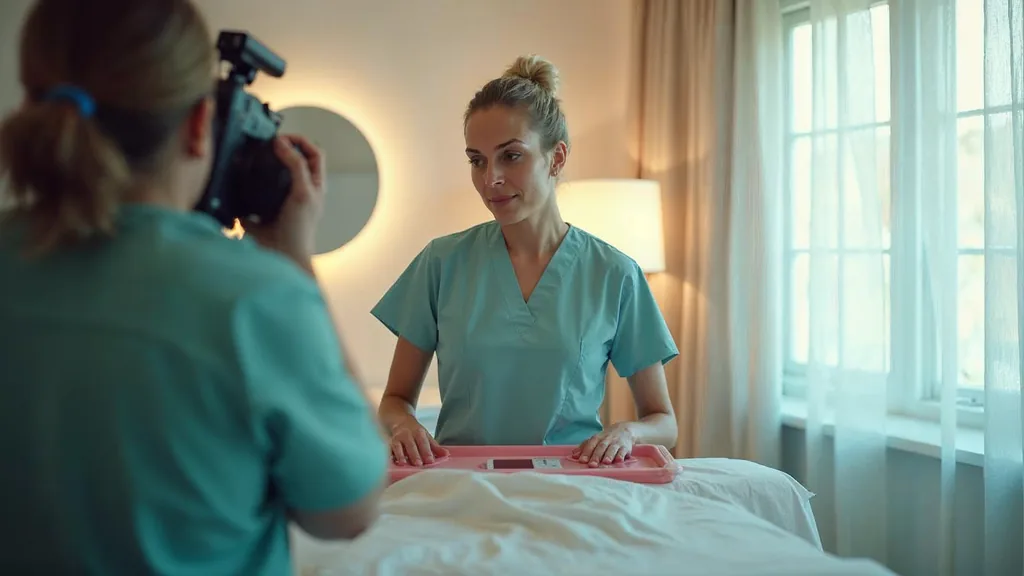 A small video crew filming an aesthetic nurse in scrubs preparing a treatment tray in a bright modern med spa treatment room