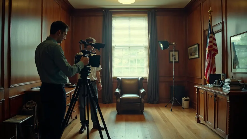 A film crew setting up a television commercial shoot in an empty wood-panelled law office with a cinema camera facing a leather chair