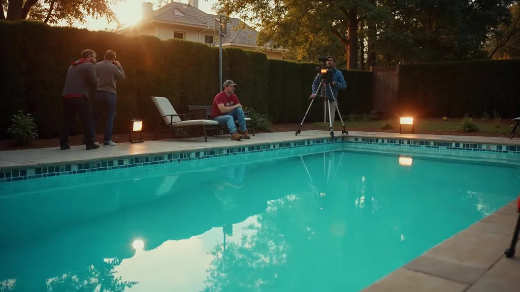 A small video crew filming a newly finished backyard swimming pool at dusk with a camera on a tripod at the water's edge