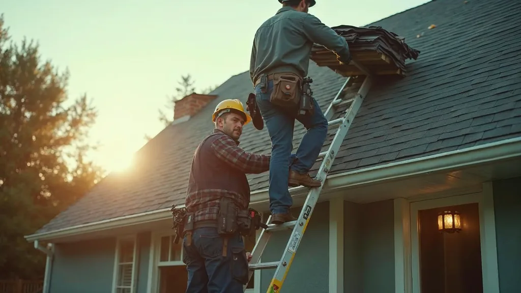 A small video crew filming a roofing crew member in a hard hat carrying shingles up a ladder on a suburban house