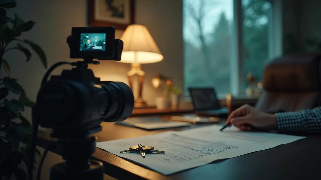 A video camera on a tripod set up to film loan paperwork and house keys on a desk in a small mortgage brokerage office at dusk