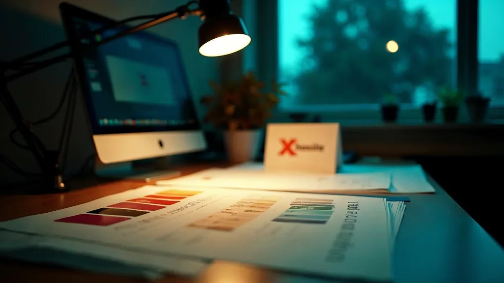 A designer's desk at night with printed logo proofs, colour swatch chips and a folded brand guideline beside a dental practice sign mockup