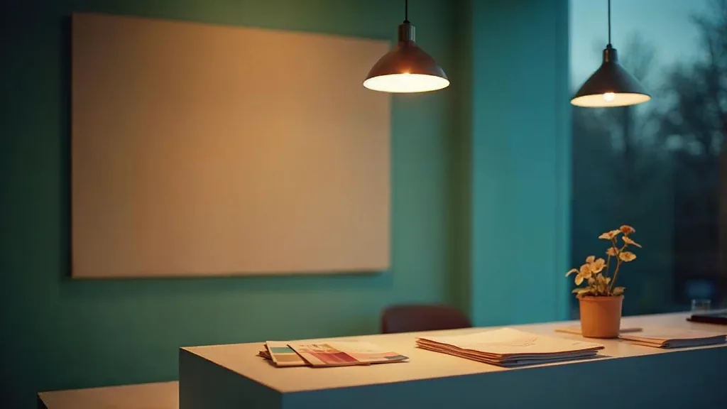 A quiet aesthetics clinic reception at dusk with a blank unbranded sign panel and printed brand guidelines on the counter
