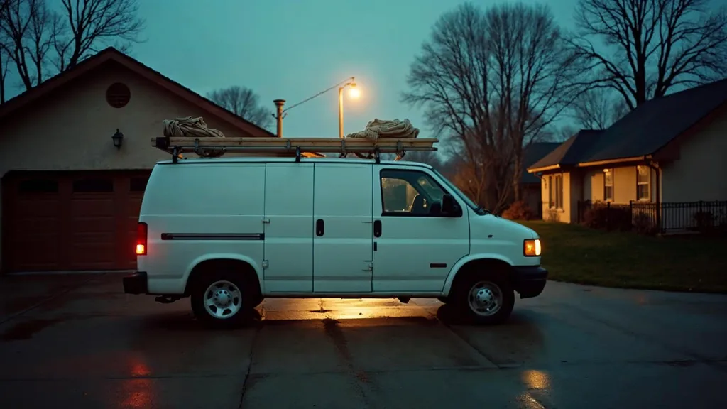 A plain white restoration work van with a blank unbranded door panel parked on a wet suburban driveway at dusk with drying hoses on the tailgate